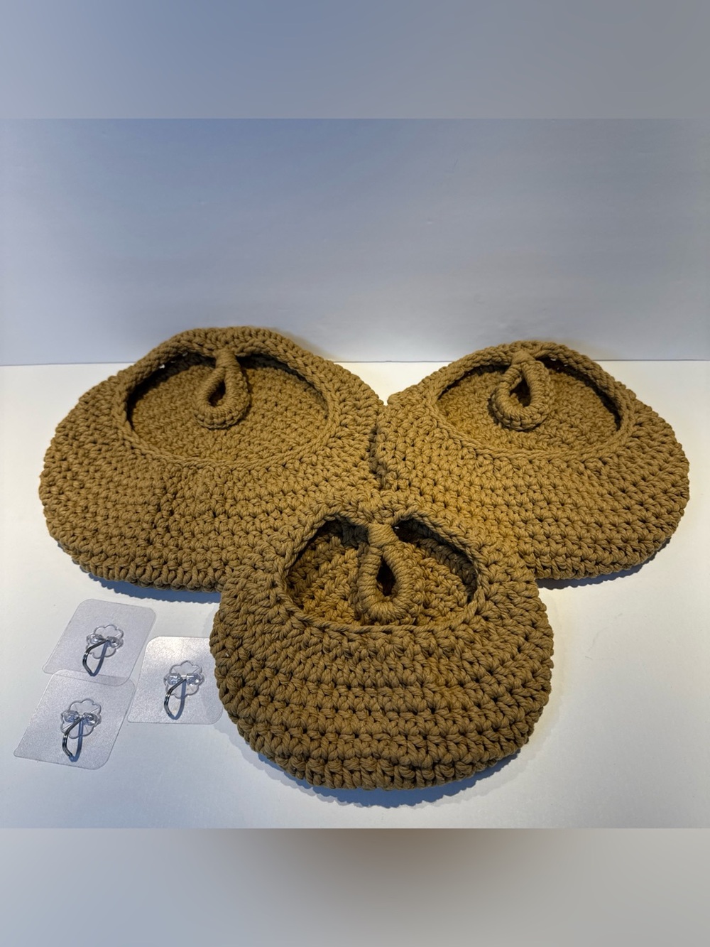 Set Of 3 Crochet Teardrop Bohemian Style Baskets Braided Khaki Cord S-M-L NEW